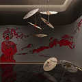 Chinese Style Private Room With Red Patterns Umbrella Chandeliers And Landscape Artwork