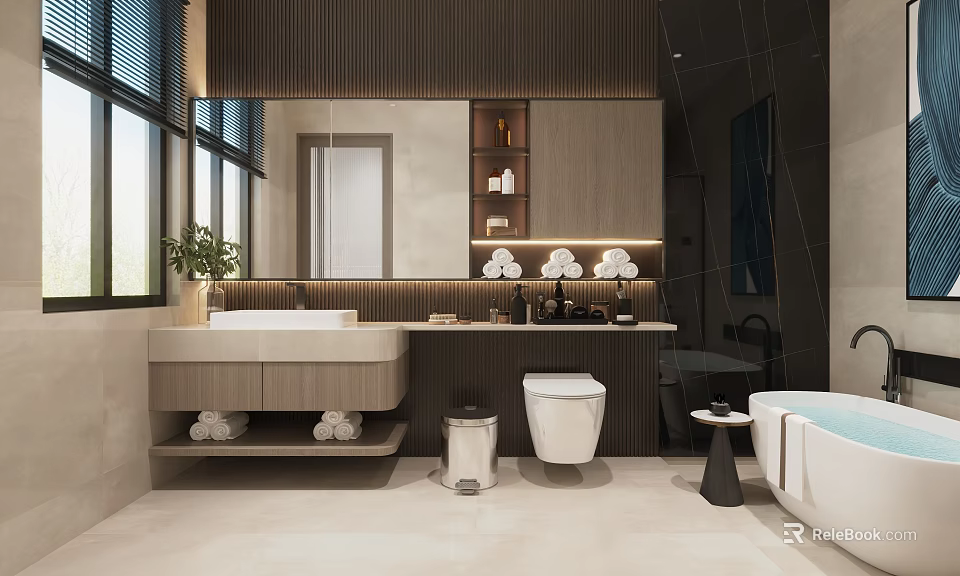 Modern Bathroom Interior With Large Mirror Vanity Bathtub And Toilet 3d model 