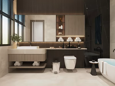 Modern Bathroom Interior With Large Mirror Vanity Bathtub And Toilet 3d model