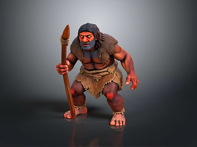 Prehistoric Caveman Character With Spear Ragged Clothing And Muscular Build 3d model
