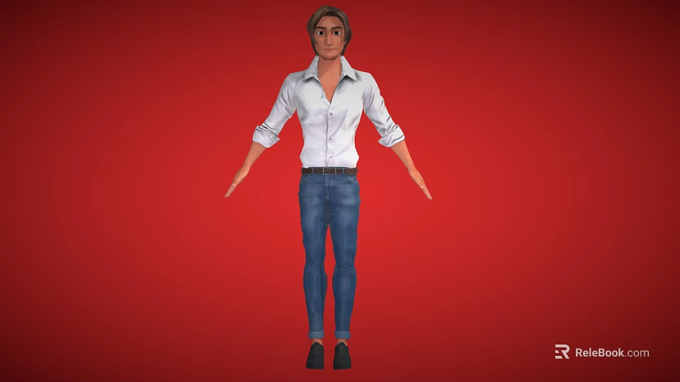 Man in White Shirt with Rolled-up Sleeves Blue Jeans and Black Shoes Against Red Background 3d model 