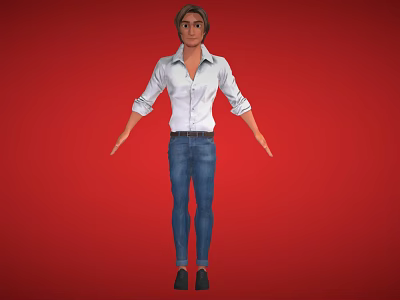 Man in White Shirt with Rolled-up Sleeves Blue Jeans and Black Shoes Against Red Background 3d model