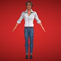Man in White Shirt with Rolled-up Sleeves Blue Jeans and Black Shoes Against Red Background