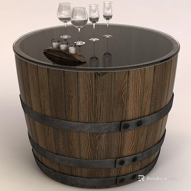 Wooden Barrel Shaped Coffee Table With Black Top Metal Bands And Wine Glasses 3d model 
