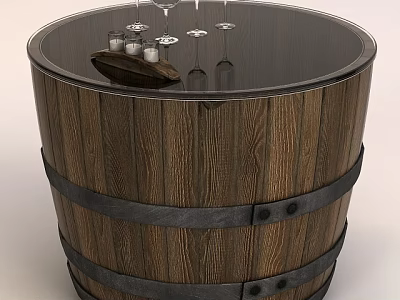 Wooden Barrel Shaped Coffee Table With Black Top Metal Bands And Wine Glasses 3d model