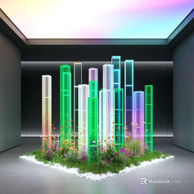 Vibrant Indoor Landscape With Colorful Glass Columns Green Grass And Flower Plants 3d model 
