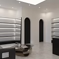 Modern Beauty Salon Interior Open Layout Black Sofa Glass Clothing Racks White Walls Gray Floors