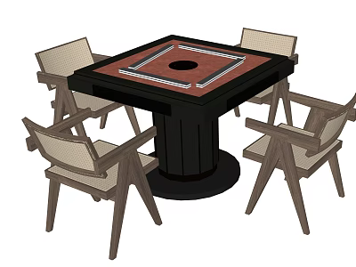 Square Entertainment Table With Black Base And Four Wooden Chairs Featuring Beige Cushions 3d model