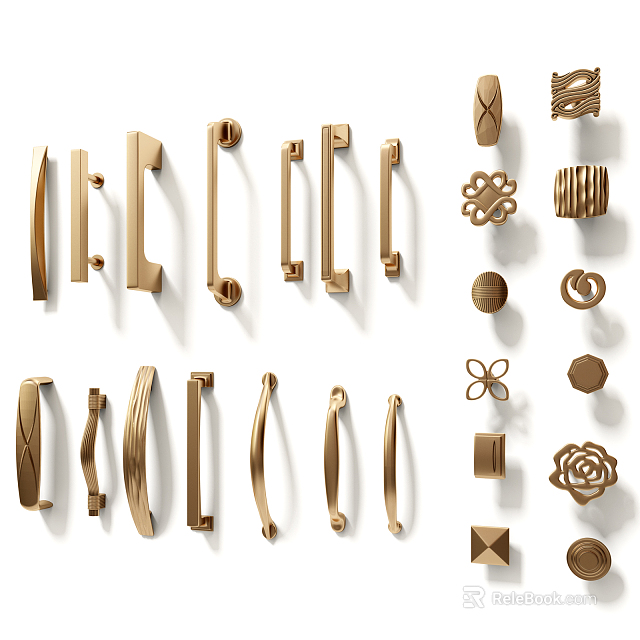 Golden Cabinet And Drawer Handles With Various Decorative Designs And Shapes 3d model 