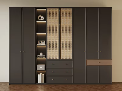 Modern Minimalist Dark Gray Wardrobe With Woven Texture Panels Built In Shelves And Drawers 3d model