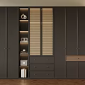 Modern Minimalist Dark Gray Wardrobe With Woven Texture Panels Built In Shelves And Drawers