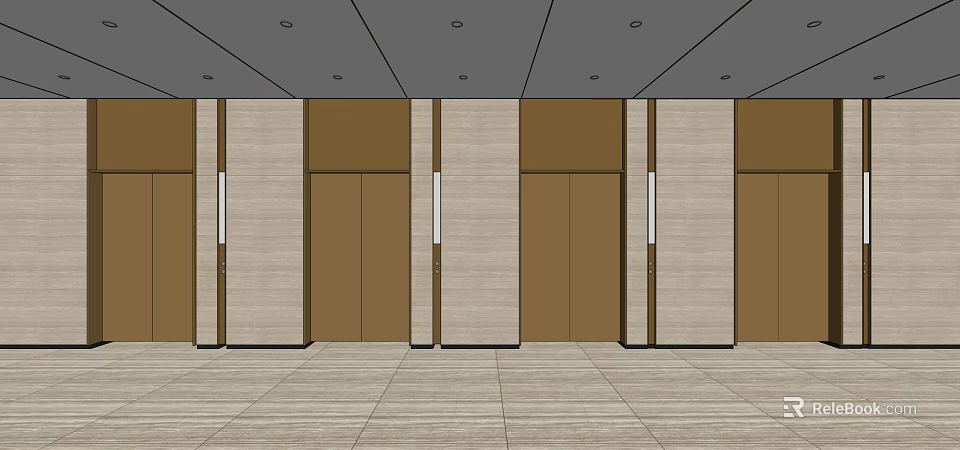 Modern Elevator Lobby With Brown Doors Beige Paneling And Recessed Lights 3d model