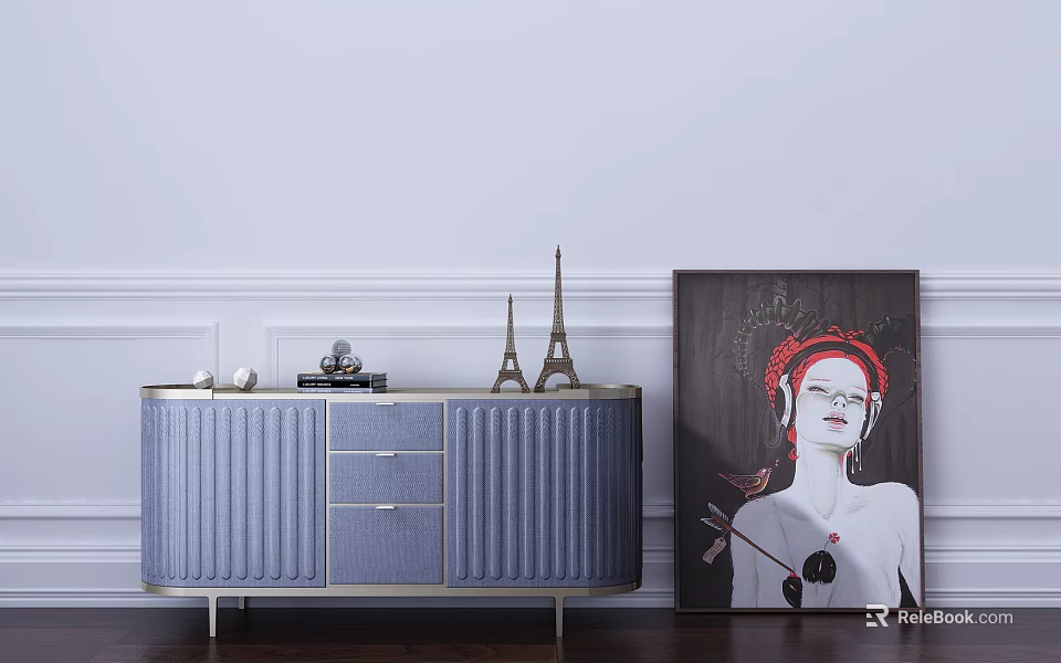 Blue Ribbed Console Cabinet and Side Cabinet with Golden Legs Eiffel Tower Model and Artwork 3d model 