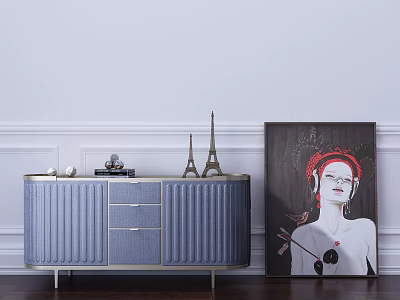 Blue Ribbed Console Cabinet and Side Cabinet with Golden Legs Eiffel Tower Model and Artwork 3d model