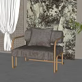 Single Seater Sofa Grey Velvet Upholstered with Gold Metal Frame and Abstract Art Painting