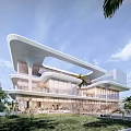 Modern Sales Office Building Architectural Design With Glass Facade Palm Trees And Water Features