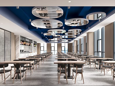 Spacious Restaurant Interior With Blue Ceiling Circular Mirrors Long Wooden Tables And Chairs 3d model