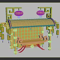 Chinese Style Decorative Furniture With Golden Frame Arched Roof And Hanging Lanterns