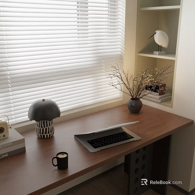 Modern Home Office Desk With Laptop Black Mug Table Lamp And Window Blinds 3d model 