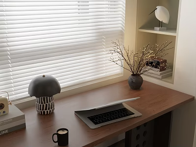Modern Home Office Desk With Laptop Black Mug Table Lamp And Window Blinds 3d model