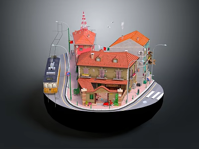 Miniature Cartoon Town Scene with Red Roof Buildings Street Lamps and Bus 3d model