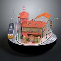 Miniature Cartoon Town Scene with Red Roof Buildings Street Lamps and Bus