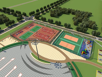Outdoor Recreational Sports Area With Multi Colored Courts Playground And Green Trees 3d model