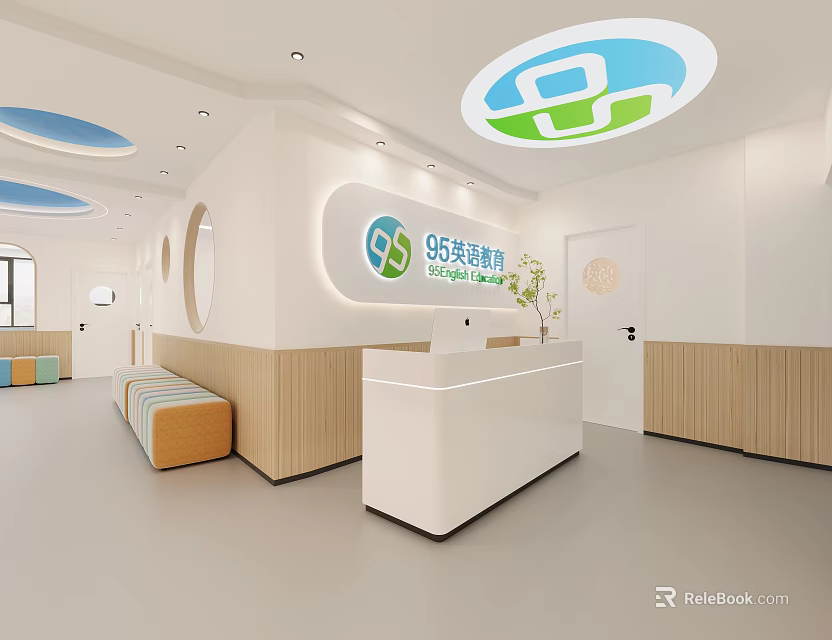 Modern Kindergarten Reception Area Featuring Circular Ceiling Logo Wooden Panels White Desk And Green Plant 3d model 