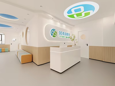 Modern Kindergarten Reception Area Featuring Circular Ceiling Logo Wooden Panels White Desk And Green Plant 3d model