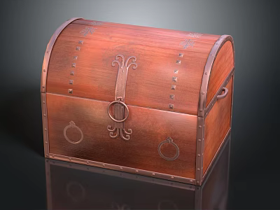 Vintage Brown Wooden Chest With Domed Lid Metal Accents Carved Designs And Rivets 3d model