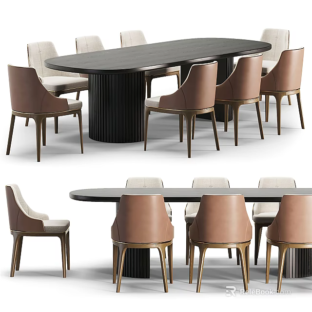 Modern Rectangular Dining Table Set With Textured Black Base And Upholstered Brown Chairs 3d model