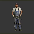 Construction Worker In Blue Overalls With Cap Tool Belt And Knee Pads