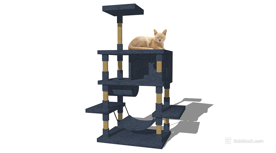 Blue Multi Level Cat Tree with Platforms and Hammock for Cat Resting 3d model 