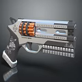 Tactical Pistol With Silver Black Body Engraved Grip Cylinder Orange Bullets And Geometric Symbols