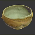 Carved Ceramic Bowl Sculpture With Orange Green Glazed Surface And Textured Design
