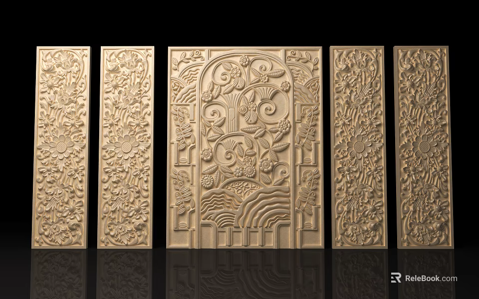 Artistic Traditional Golden Carved Panels Featuring Intricate Decorative Patterns For Interior Design 3d model 