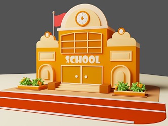 Cartoon style scene card style pass school Q version school mg style 3d model