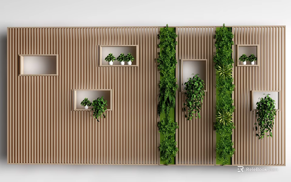 Wooden Interior Partition With Vertical Slats Shelves And Lush Green Plants 3d model 