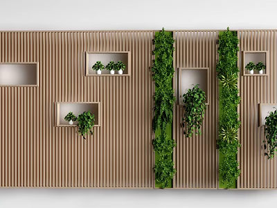 Wooden Interior Partition With Vertical Slats Shelves And Lush Green Plants 3d model