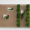 Wooden Interior Partition With Vertical Slats Shelves And Lush Green Plants