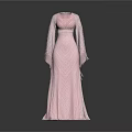 Pink Long Dress with V Neck Long Sleeves Fringe Decor Elegant Flowy Design