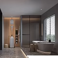 Elegant Modern Bathroom Interior with Double Vanities Freestanding Bathtub Wooden Accents and Marble Floor