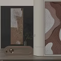 Vertical Abstract Paintings On Grey White Walls With Wooden Cabinet Green Plants And City View