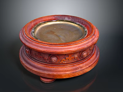 Red Wooden Circular Decorative Stand With Carved Patterns And Metal Inlay 3d model