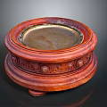 Red Wooden Circular Decorative Stand With Carved Patterns And Metal Inlay