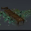 Serene Water Scene With Wooden Bridge Lotus Leaves Purple Flowers And Birds