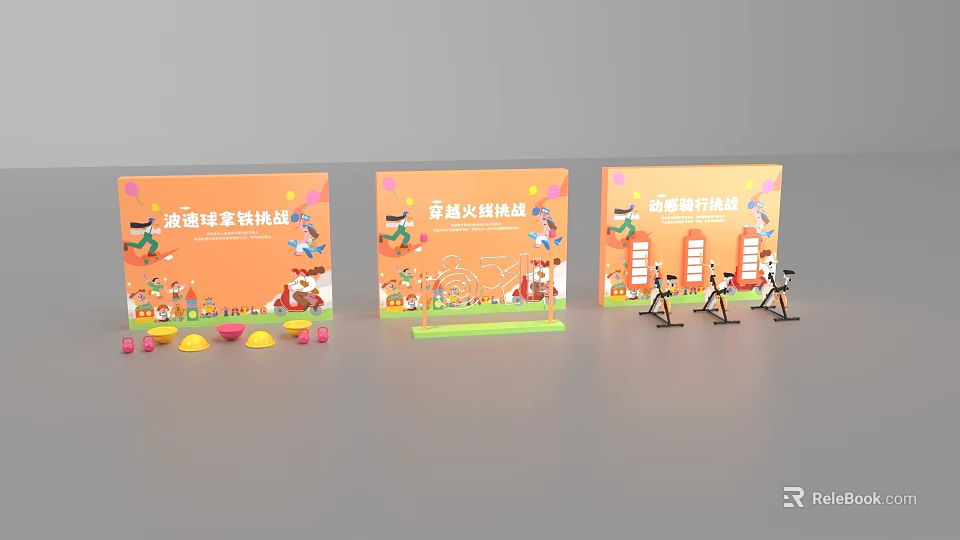 Interactive Zone With Adventure Activities Cartoon Characters Bicycle Racks And Display Boards 3d model 