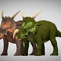 Two Triceratops Dinosaurs With Brown And Green Colors Horns And Spikes
