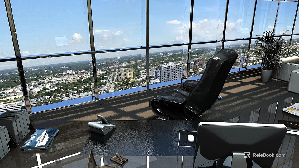 Black Ergonomic Office Chair In Modern Office With Large Windows And City View 3d model 