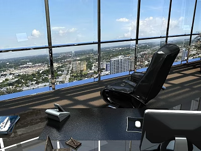 Black Ergonomic Office Chair In Modern Office With Large Windows And City View 3d model